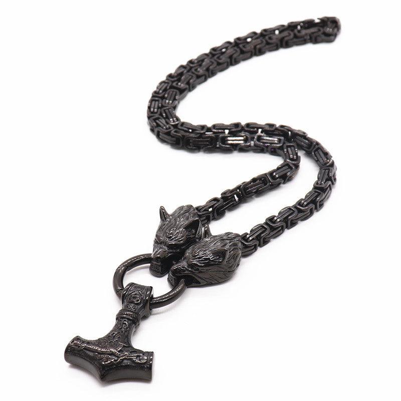 King Chain With Wolf Heads &amp; Mjolnir Pendant