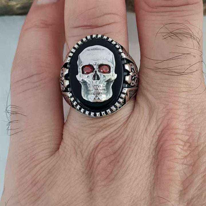 Silver Skull Ring with Ruby Eyes