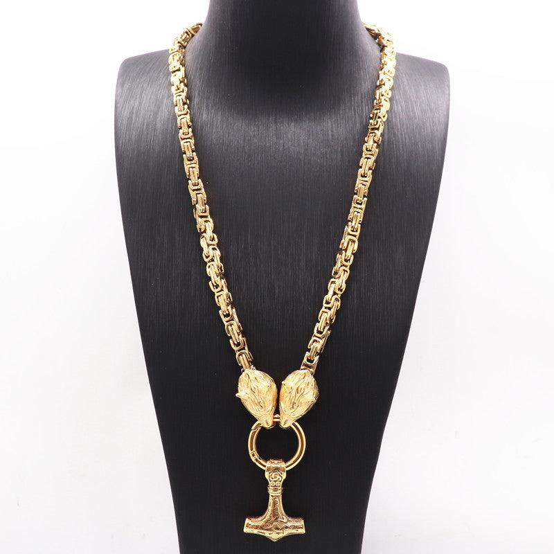 King Chain With Wolf Heads &amp; Mjolnir Pendant
