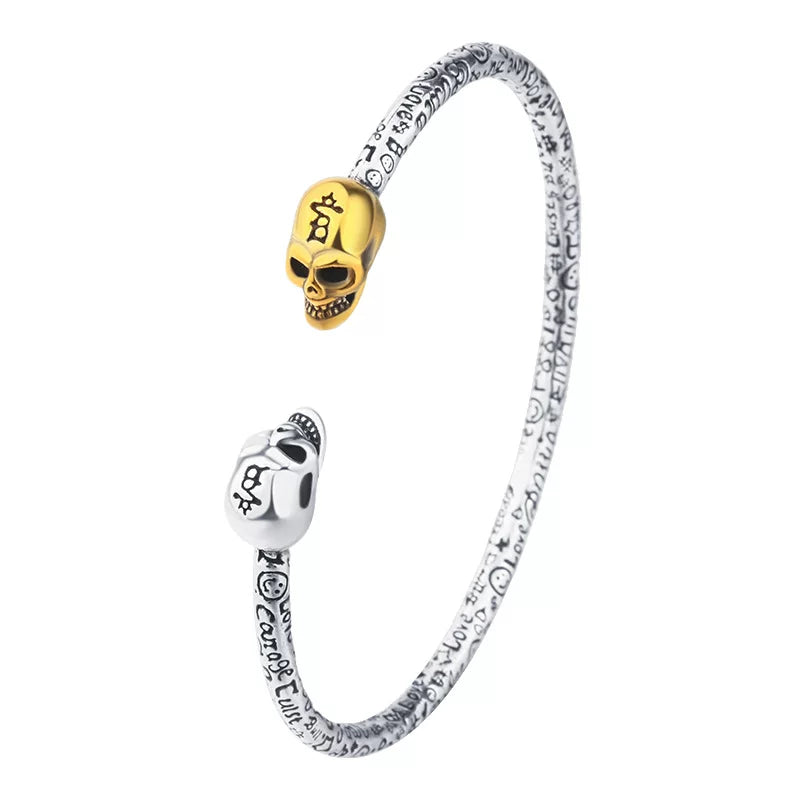Dual Skull Open Cuff Bangle Bracelet