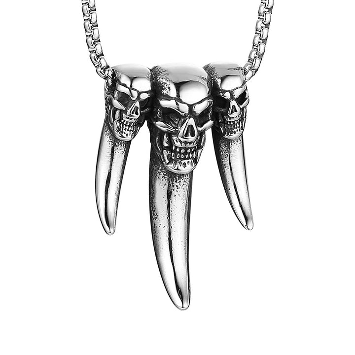 Triple-Skull &amp; Fang Gothic Pendant Necklace