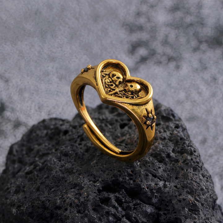 Heart-Shaped Double Skull Ring