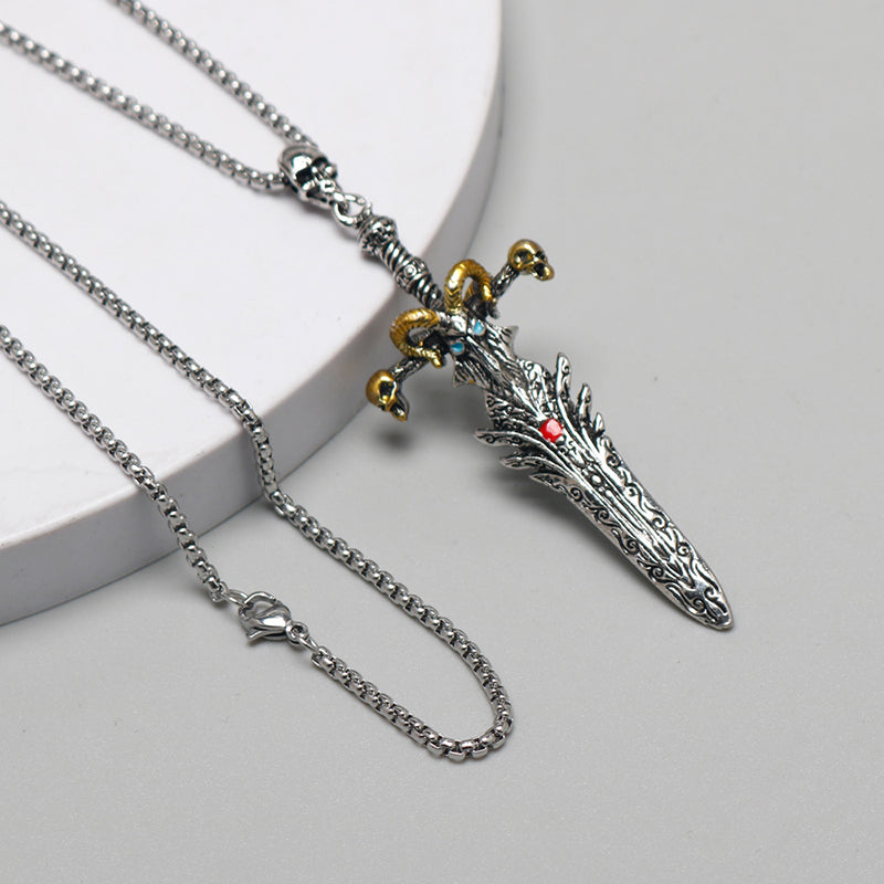 Vintage skull sheep head sword necklace