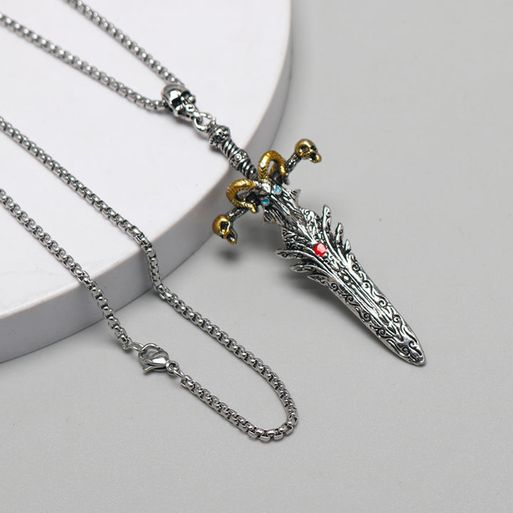 Vintage skull sheep head sword necklace