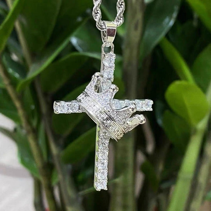 Full Diamond Crown Cross Pendant Necklace