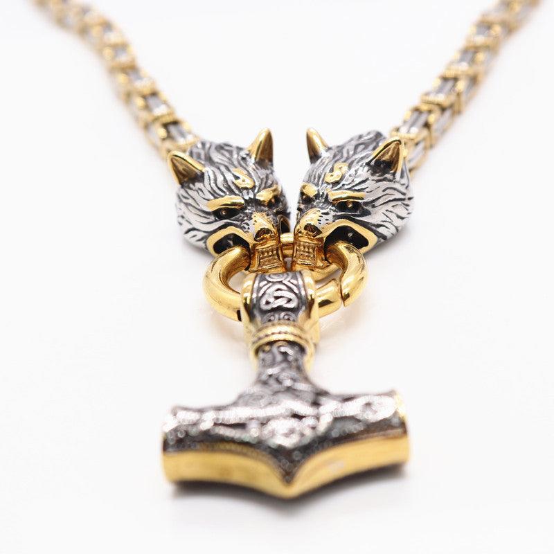 King Chain With Wolf Heads &amp; Mjolnir Pendant