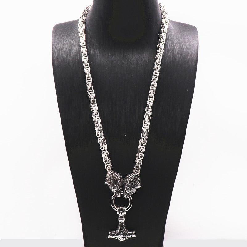 King Chain With Wolf Heads &amp; Mjolnir Pendant