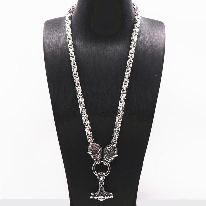 King Chain With Wolf Heads &amp; Mjolnir Pendant