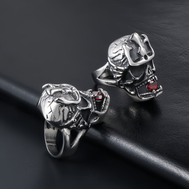 Gothic Skull Ring with Red Gem