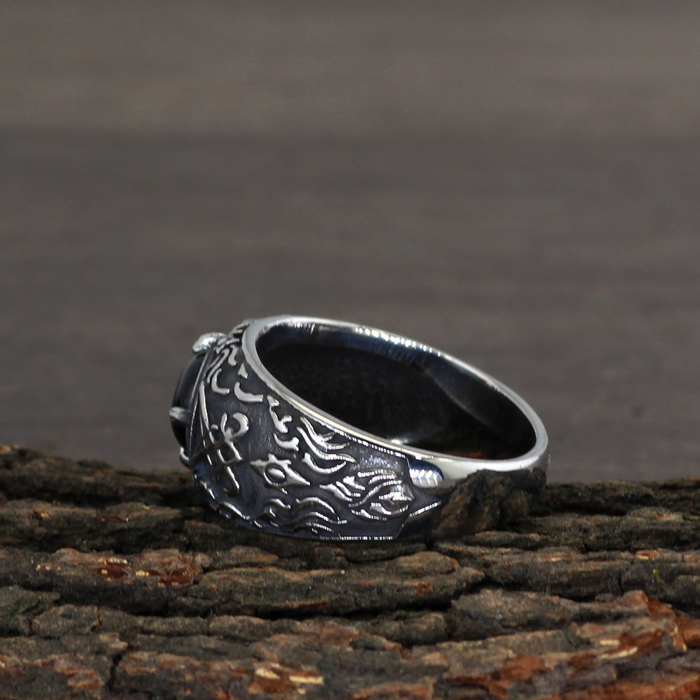 Mystical Symbol Black Gemstone Ring