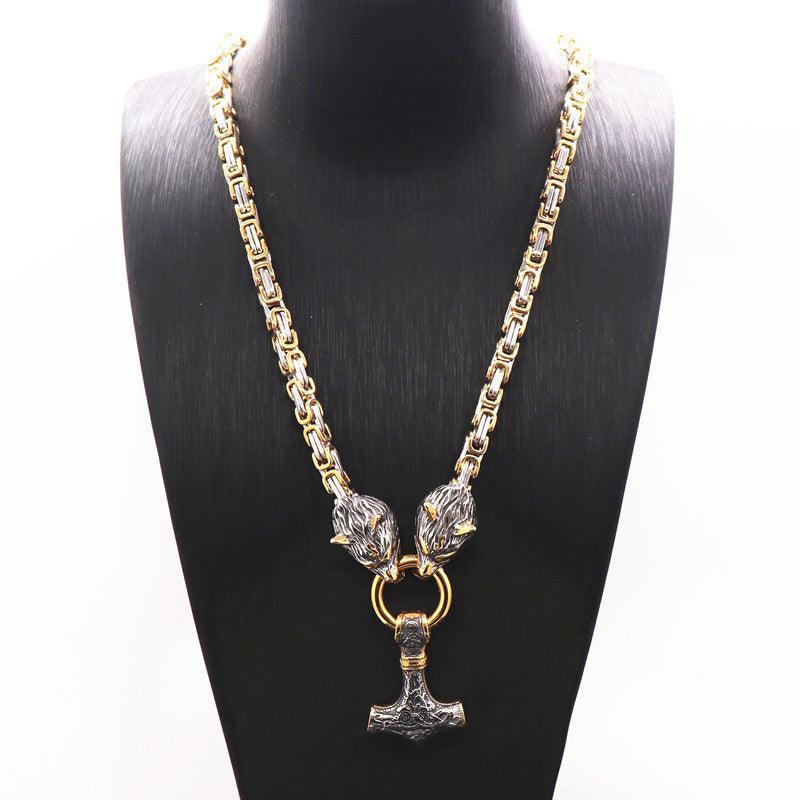 King Chain With Wolf Heads &amp; Mjolnir Pendant