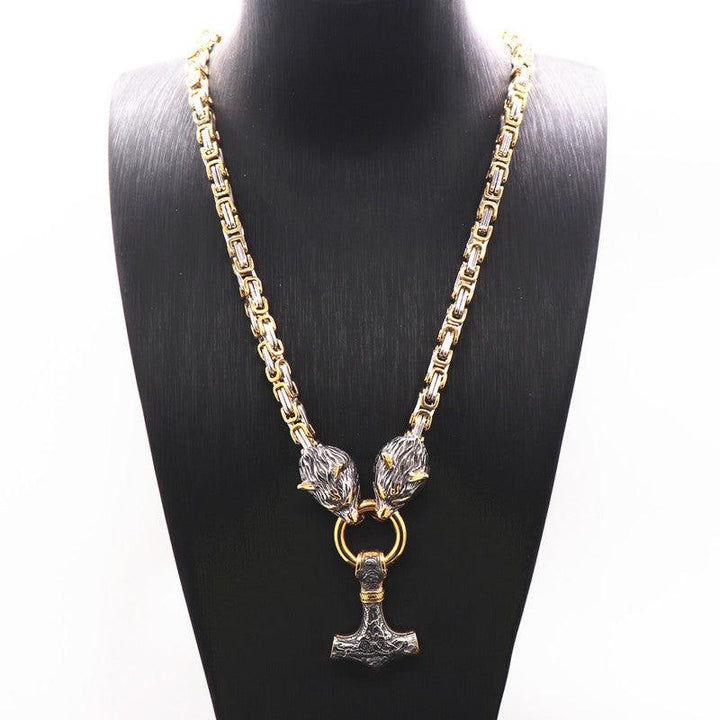 King Chain With Wolf Heads &amp; Mjolnir Pendant