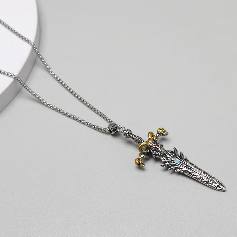 Vintage skull sheep head sword necklace