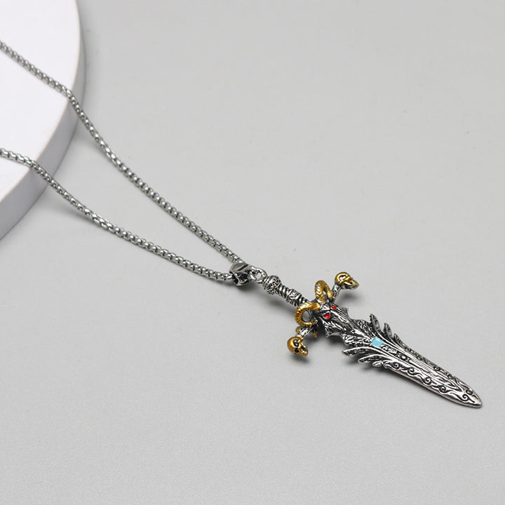 Vintage skull sheep head sword necklace