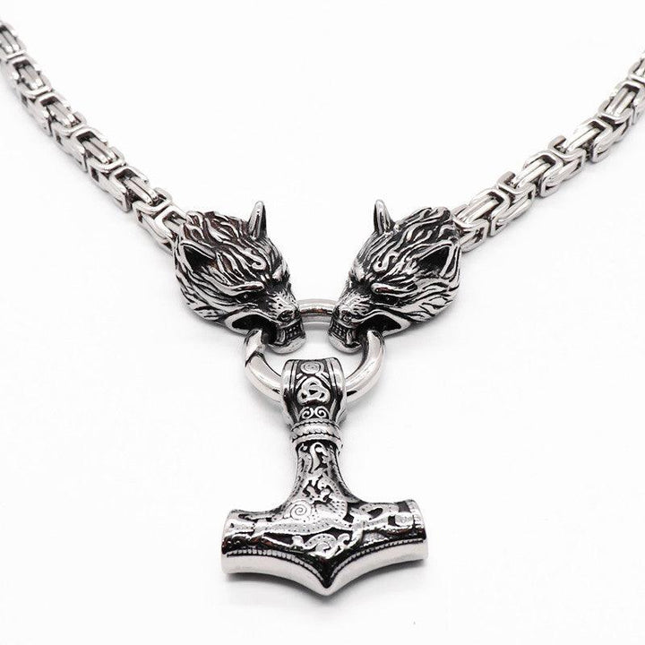 King Chain With Wolf Heads &amp; Mjolnir Pendant
