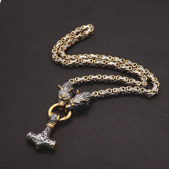 King Chain With Wolf Heads &amp; Mjolnir Pendant