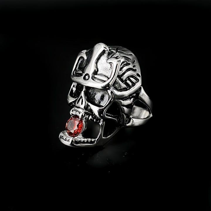 Gothic Skull Ring with Red Gem