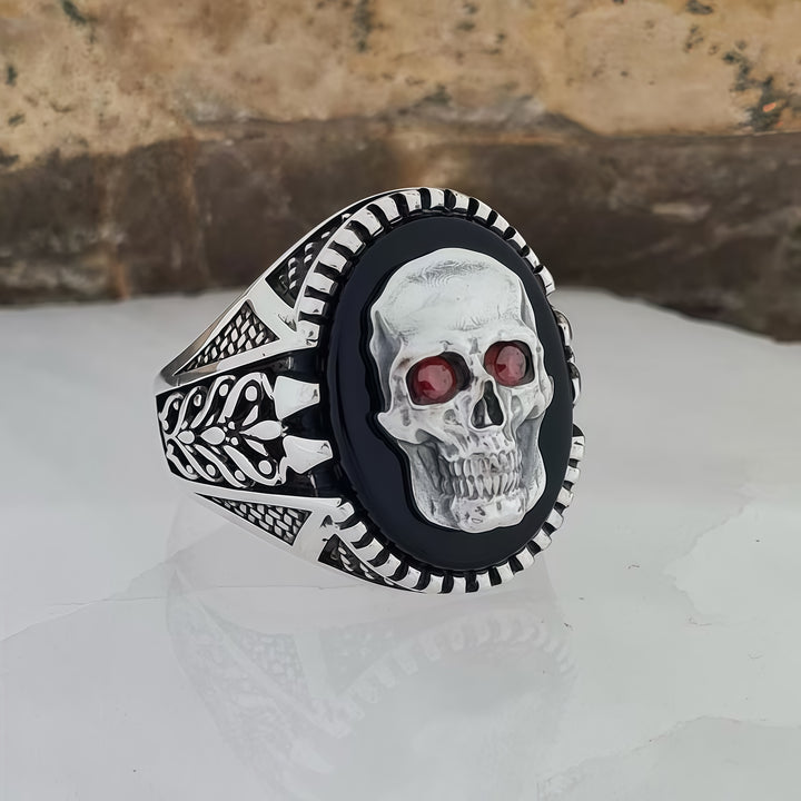 Silver Skull Ring with Ruby Eyes