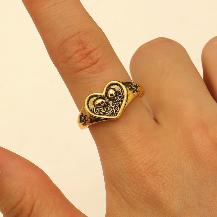 Heart-Shaped Double Skull Ring