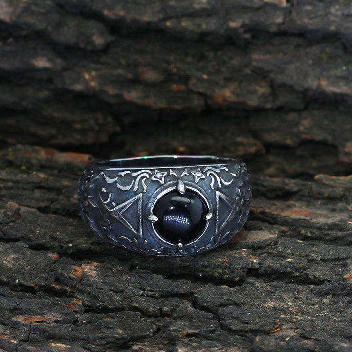 Mystical Symbol Black Gemstone Ring