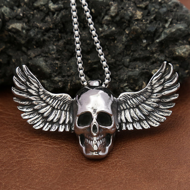 "Wings of the Dead" Skull Feather Necklace