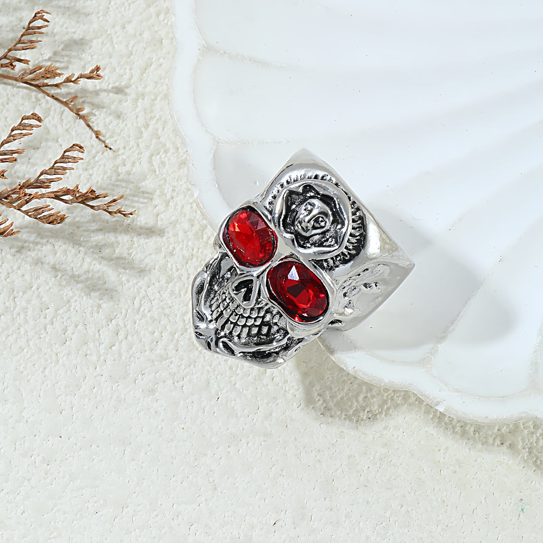 Red-Eyed Skull Ring with Relief Detail