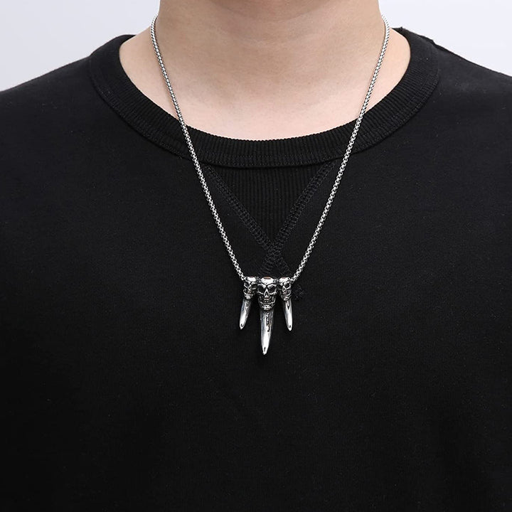 Triple-Skull &amp; Fang Gothic Pendant Necklace