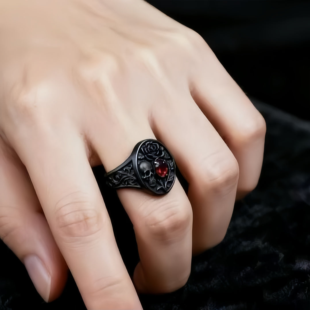 Gothic Skull &amp; Rose Ring