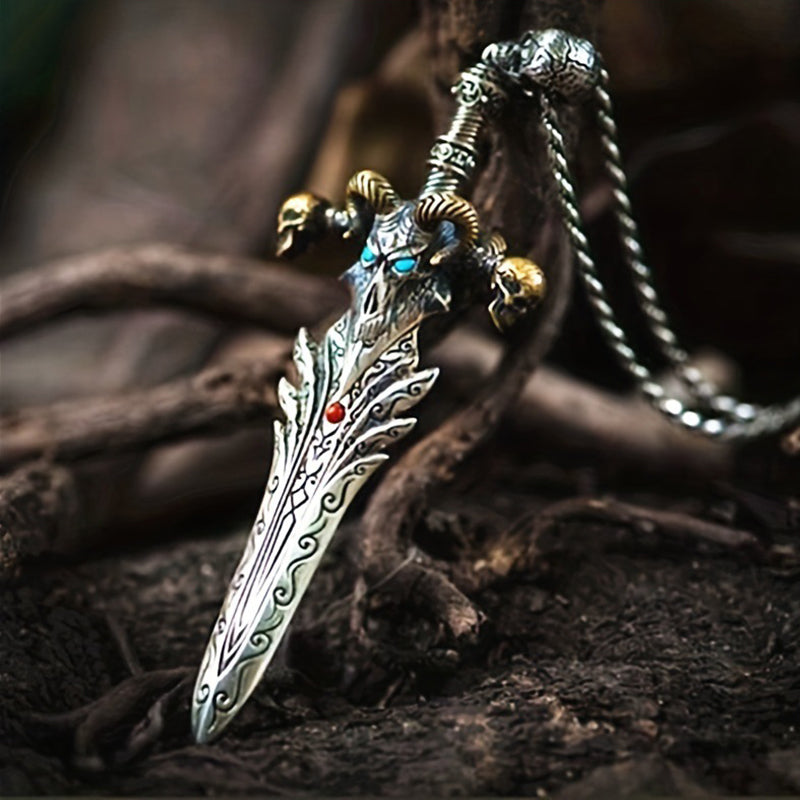 Vintage skull sheep head sword necklace