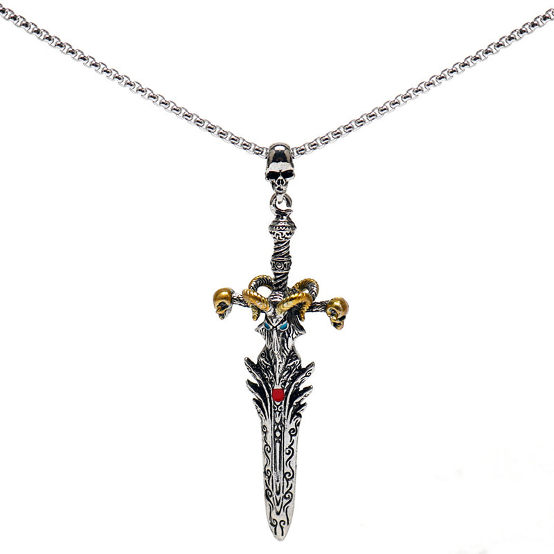 Vintage skull sheep head sword necklace