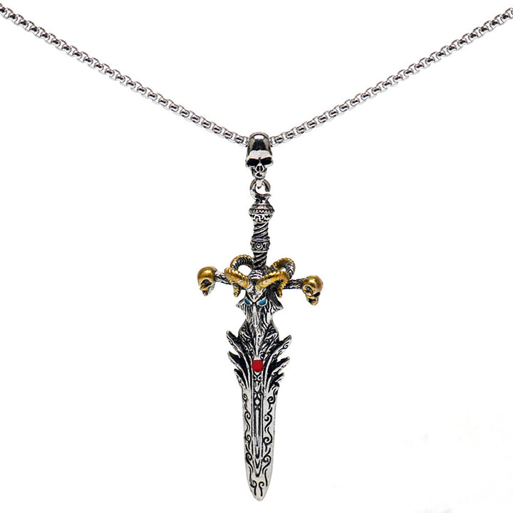 Vintage skull sheep head sword necklace