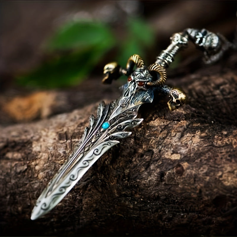 Vintage skull sheep head sword necklace