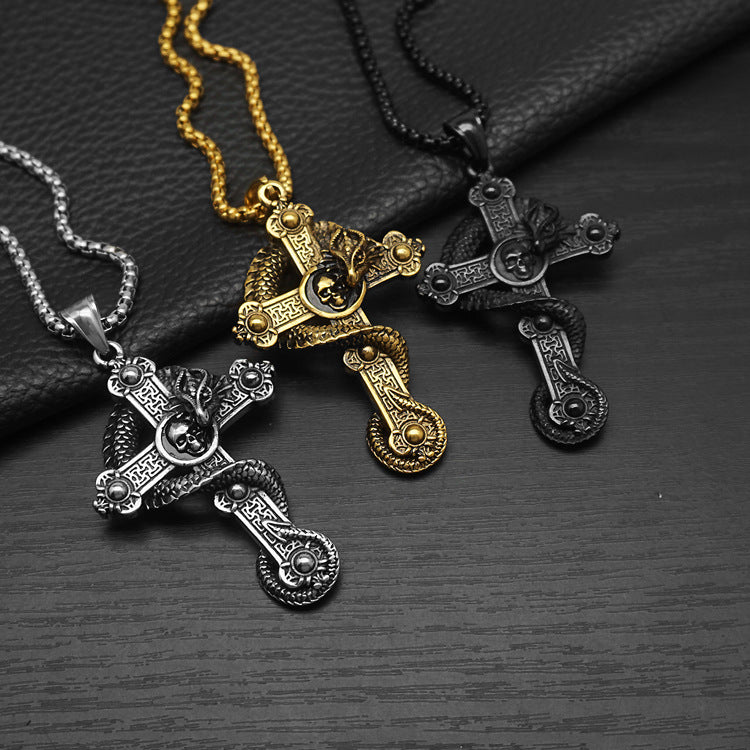 Gothic Dragon Wrapped Cross Pendant Necklace