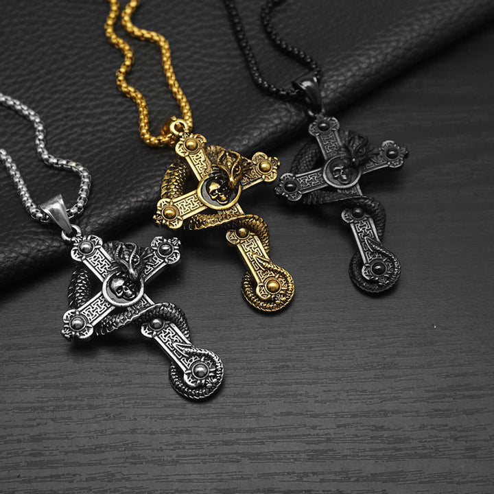 Gothic Dragon Wrapped Cross Pendant Necklace