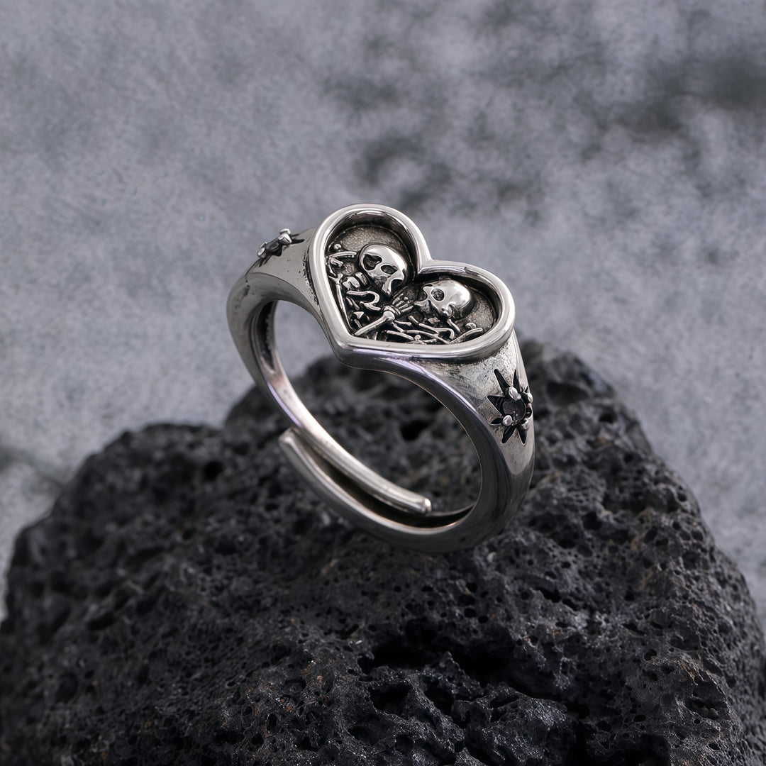 Heart-Shaped Double Skull Ring