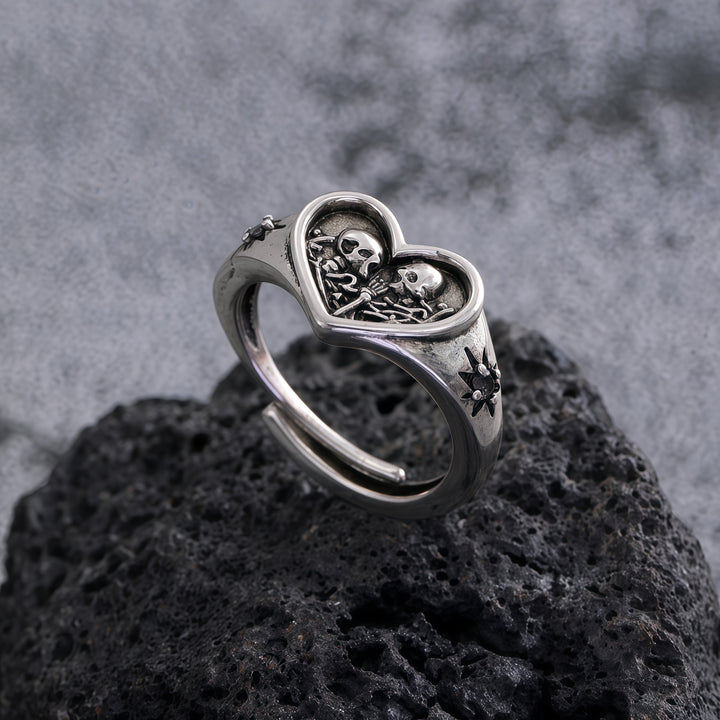 Heart-Shaped Double Skull Ring