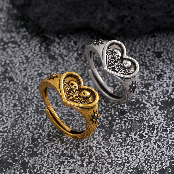 Heart-Shaped Double Skull Ring