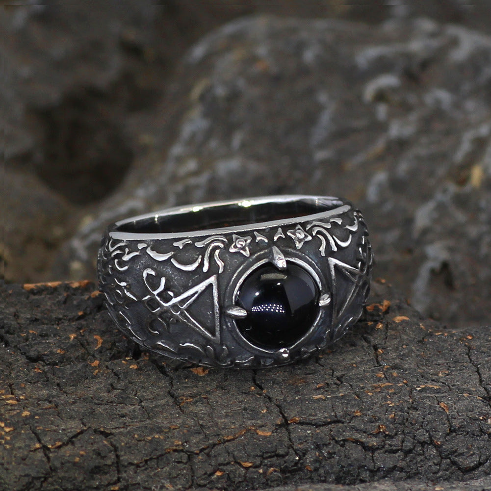 Mystical Symbol Black Gemstone Ring