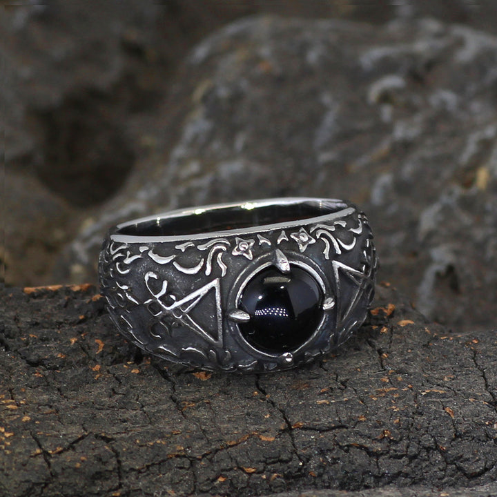 Mystical Symbol Black Gemstone Ring