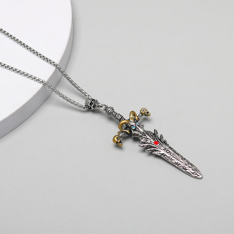 Vintage skull sheep head sword necklace