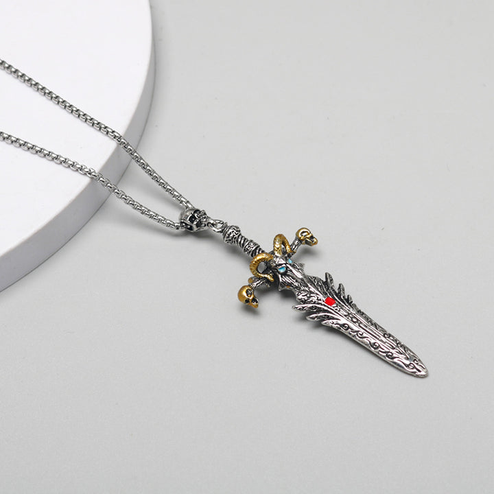 Vintage skull sheep head sword necklace