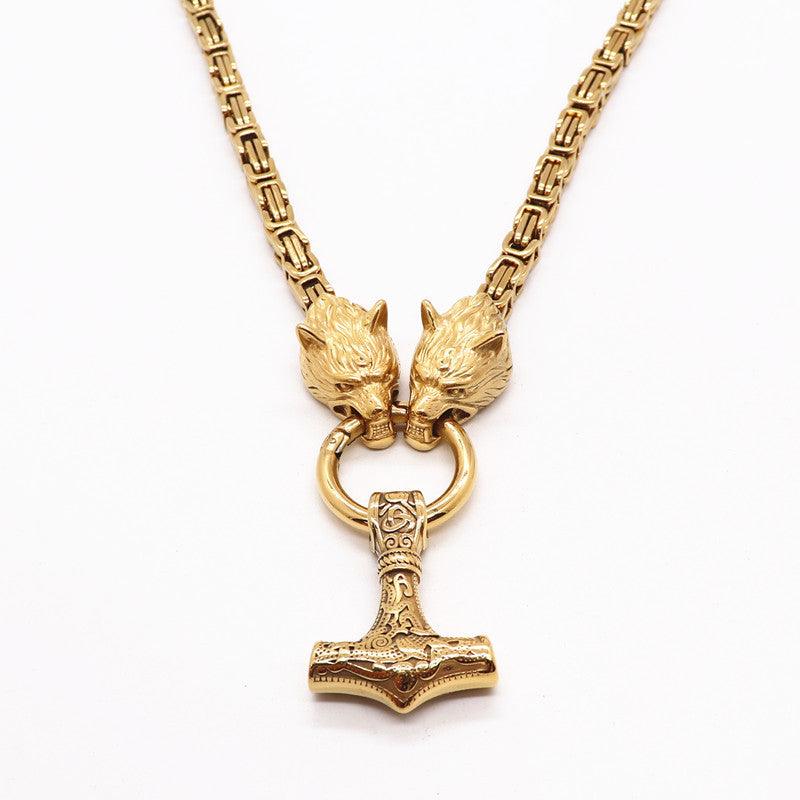 King Chain With Wolf Heads &amp; Mjolnir Pendant
