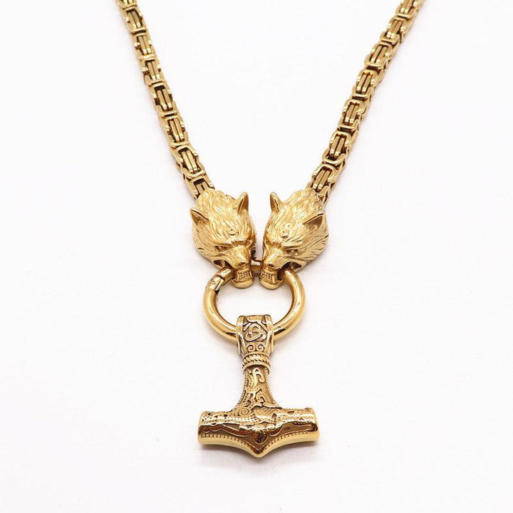 King Chain With Wolf Heads &amp; Mjolnir Pendant