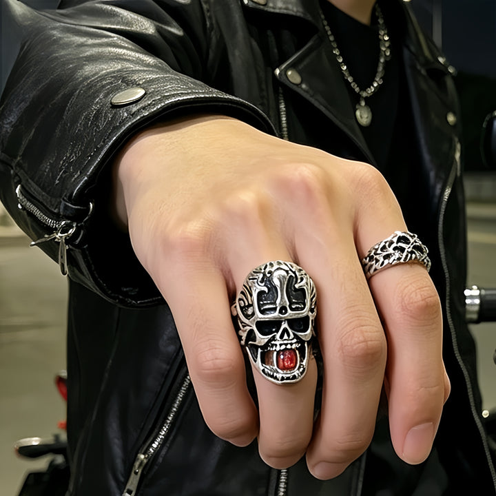 Gothic Skull Ring with Red Gem
