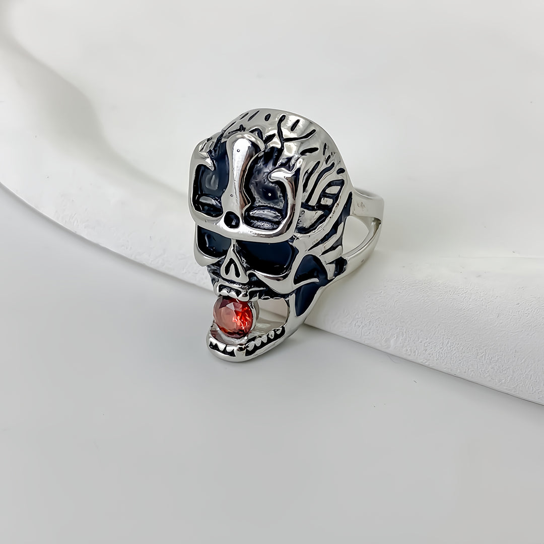 Gothic Skull Ring with Red Gem