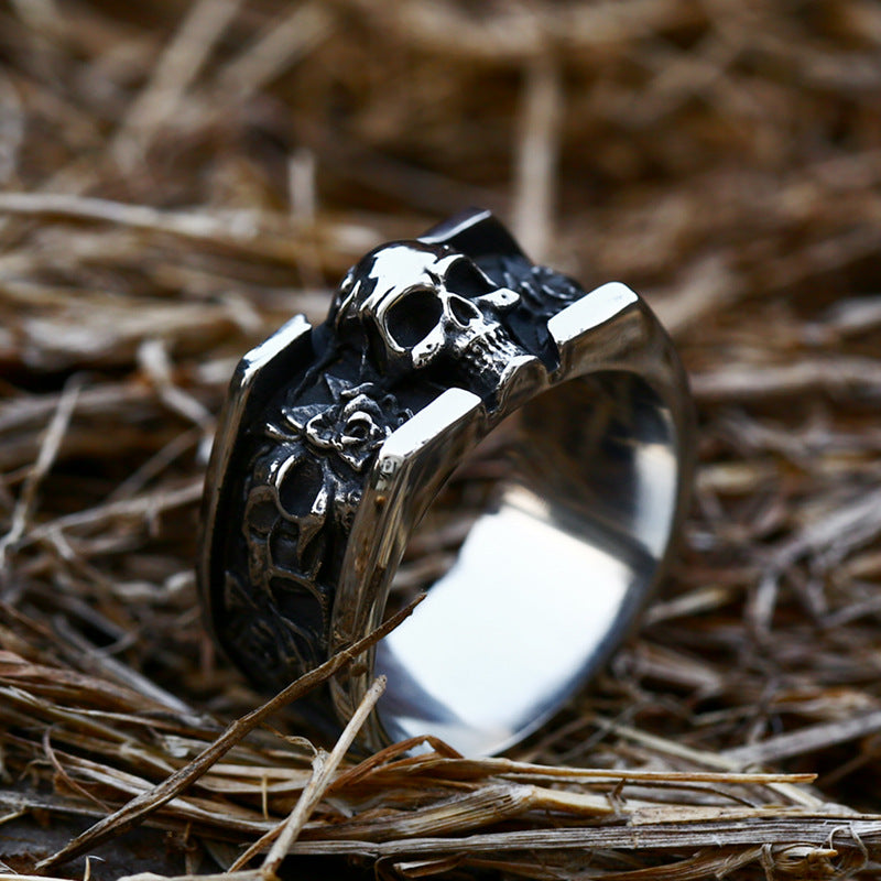 "Death Star" Skull Rose Square Ring