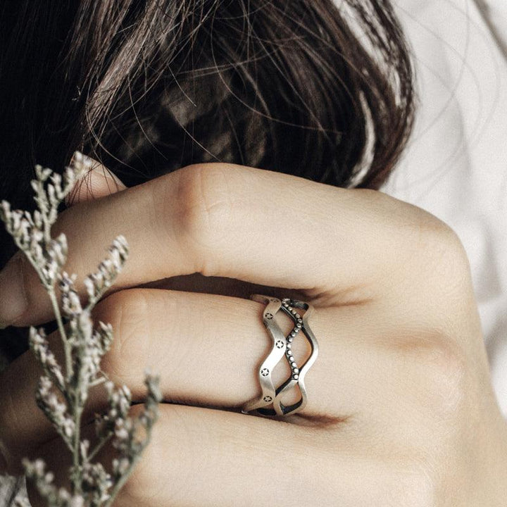 925 Sterling Silver Star Vintage Simple Line Waves Ring