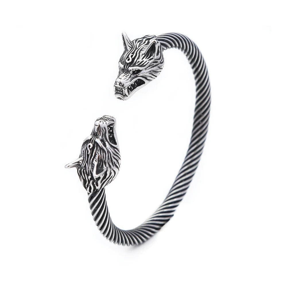 Viking Dual-Wolf Head Bracelet
