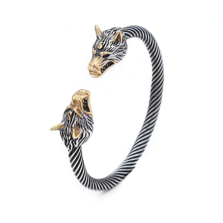 Viking Dual-Wolf Head Bracelet