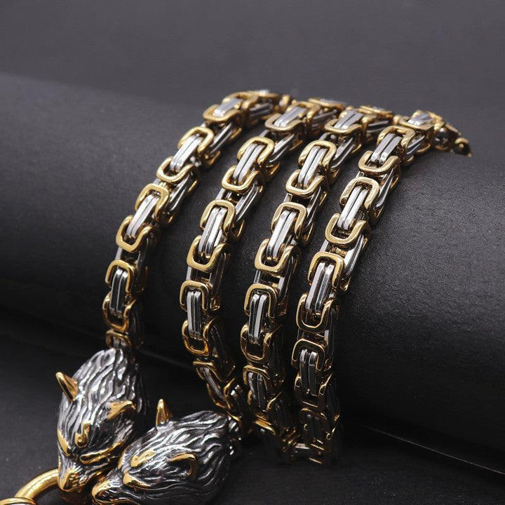 King Chain With Wolf Heads &amp; Mjolnir Pendant